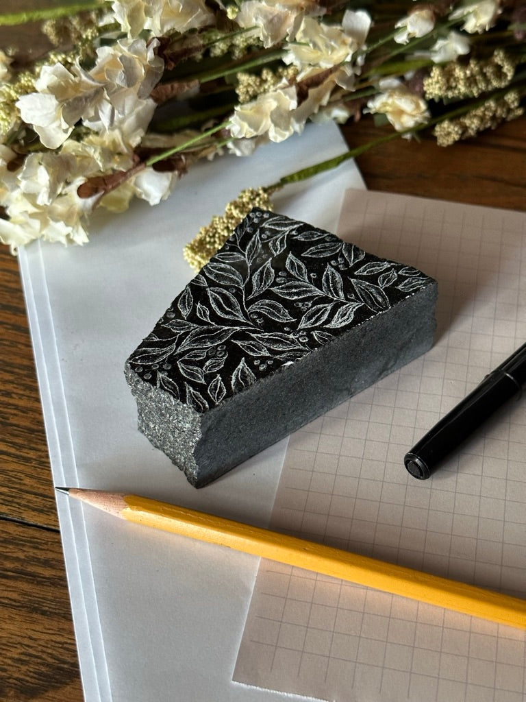 Etched Granite Paperweight -original, bespoke, unique , foliage, leaves, nature, home office, work from home, one-of-a-kind, Christmas
