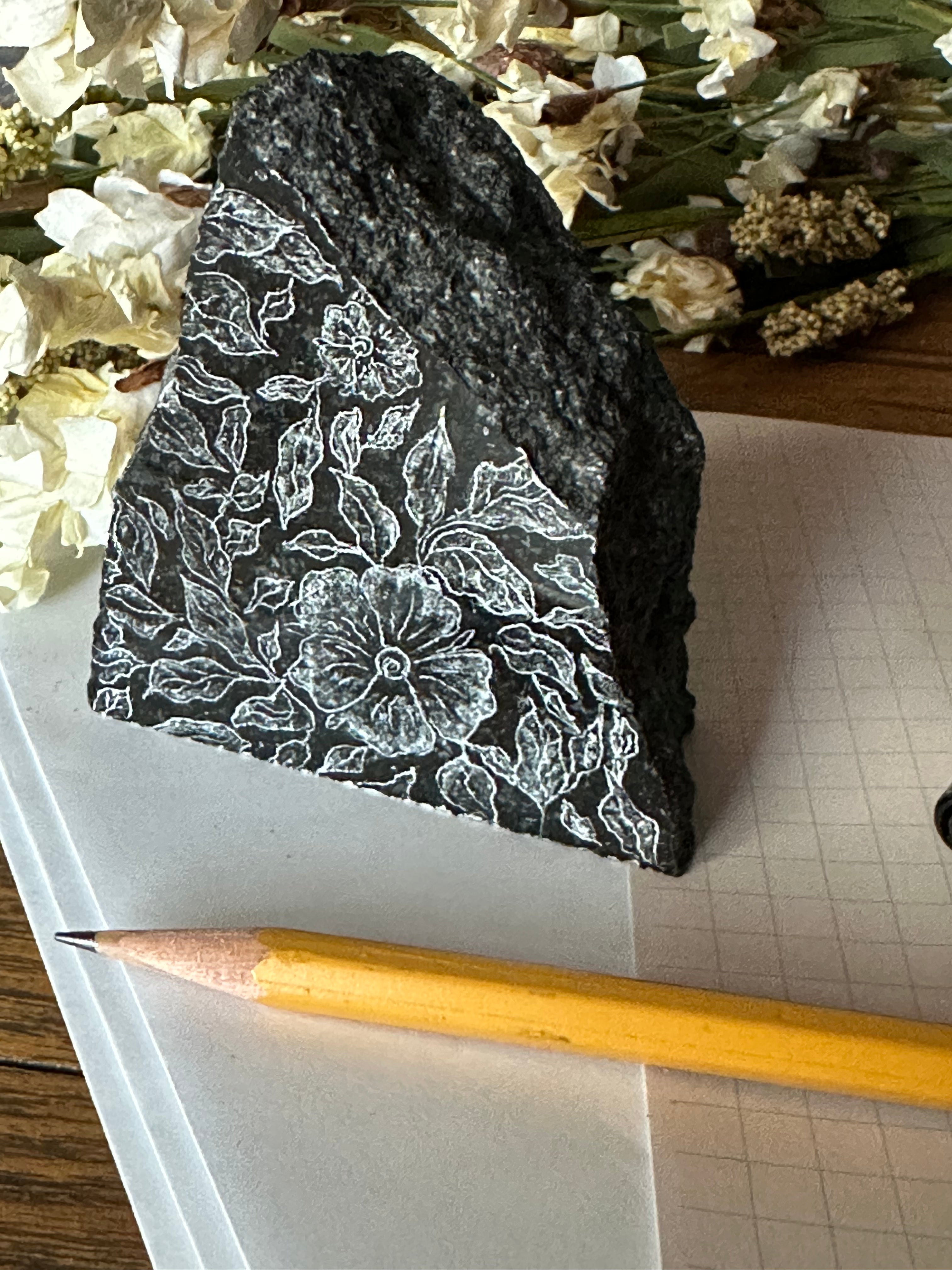 Etched Granite Paperweight -original, one-of-a-kind, bespoke, foliage, work from home, home office, gift, black granite