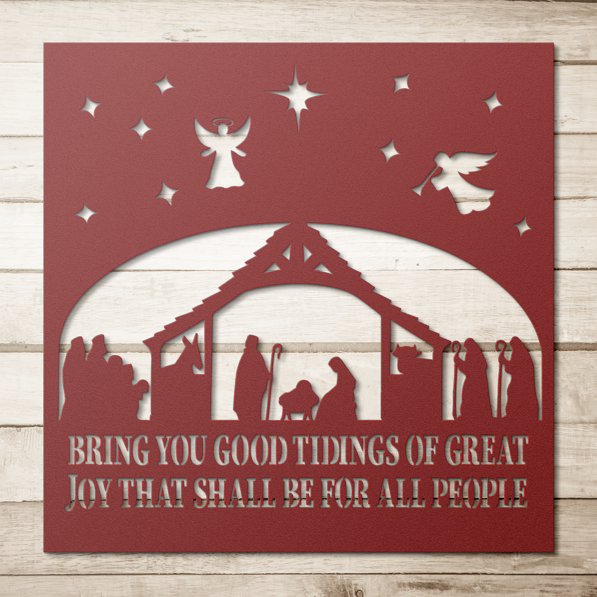 Nativity_Die-Cut_Metal_Sign_Red_Simple_Wood_BKGD_Mockup.png